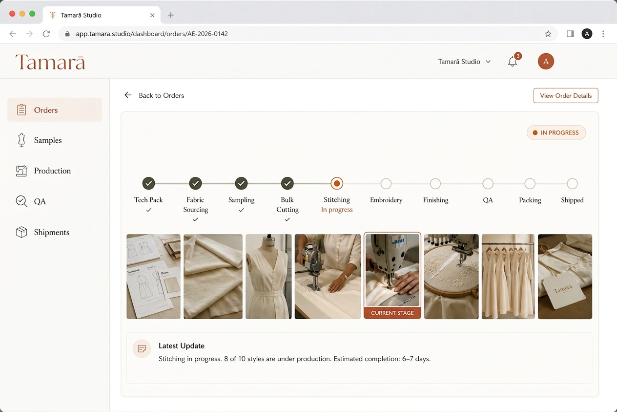 Tamarā production portal showing a live order timeline with stage tracking and progress photos
